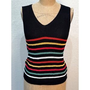 Fatefull Women Medium‎ Black Striped Knit Sleeveless Top V Neck Colorful NWOT